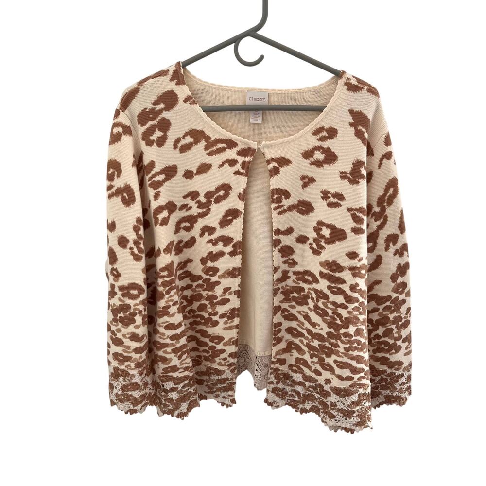 Chicos Charlee Cardigan Womens Size 3 XL Cream Cheetah Animal Print Lace Sweater